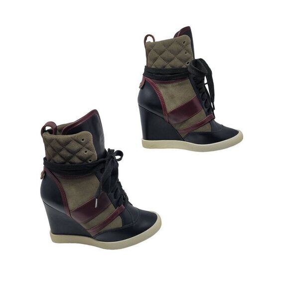 Chloe Tricolor Leather Quilted Suede Wedge Sneaker Hidden Heel‎ Booties Green 34 - Picture 6 of 16